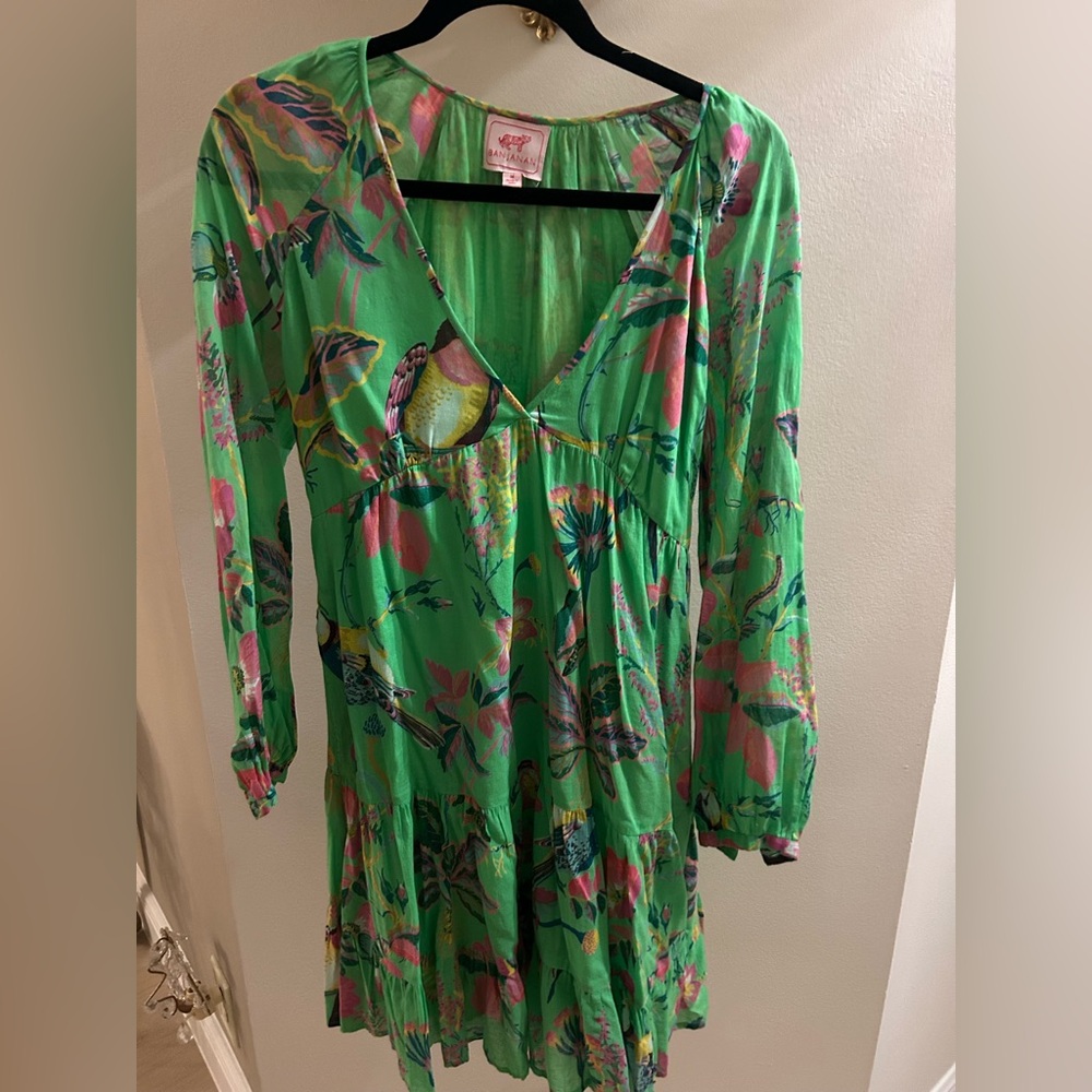 Banjanan Green Floral Long Sleeve Tiered Dress